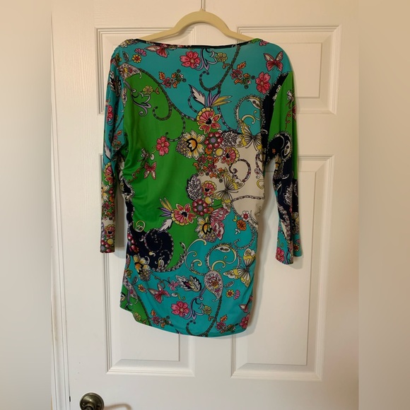 Carmen Marc Valvo Draped Neckline Green Floral Blouse Large Cottagecore‎ Fairy - Picture 4 of 9
